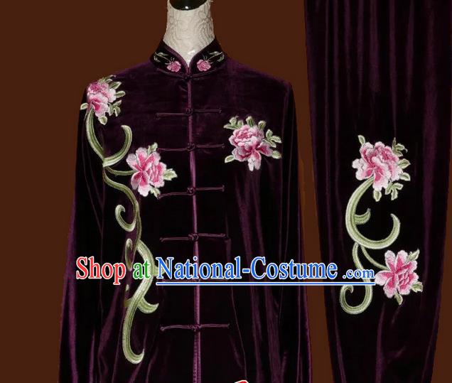 Top Grade Kung Fu Velvet Costume Asian Chinese Martial Arts Tai Chi Training Purple Uniform, China Embroidery Peony Gongfu Shaolin Wushu Clothing for Women