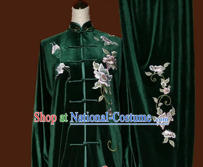 Top Grade Kung Fu Velvet Costume Asian Chinese Martial Arts Tai Chi Training Green Uniform, China Embroidery Peony Gongfu Shaolin Wushu Clothing for Women