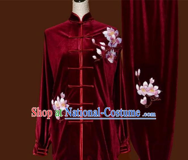 Asian Chinese Top Grade Velvet Kung Fu Costume Martial Arts Tai Chi Training Wine Red Uniform, China Embroidery Magnolia Flower Gongfu Shaolin Wushu Clothing for Women