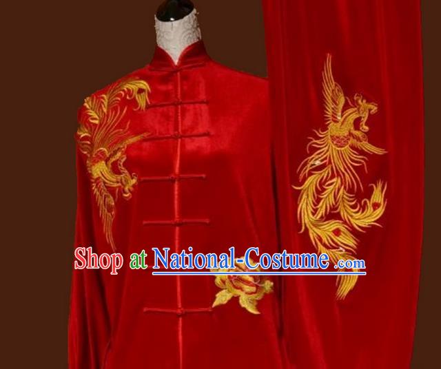 Asian Chinese Top Grade Velvet Kung Fu Costume Martial Arts Tai Chi Training Red Uniform, China Embroidery Phoenix Gongfu Shaolin Wushu Clothing for Women