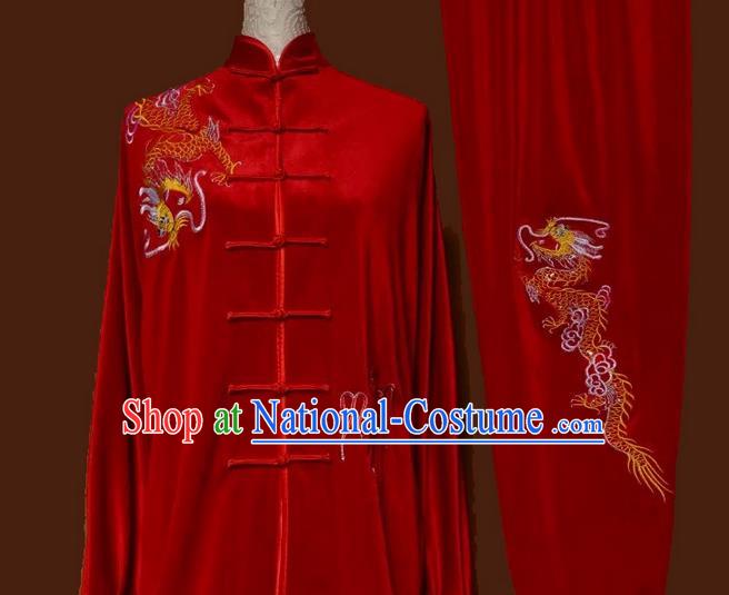 Asian Chinese Top Grade Velvet Kung Fu Costume Martial Arts Tai Chi Training Red Uniform, China Embroidery Dragon Gongfu Shaolin Wushu Clothing for Women