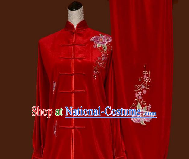 Asian Chinese Top Grade Velvet Kung Fu Costume Martial Arts Tai Chi Training Red Uniform, China Embroidery Butterfly Flowers Gongfu Shaolin Wushu Clothing for Women