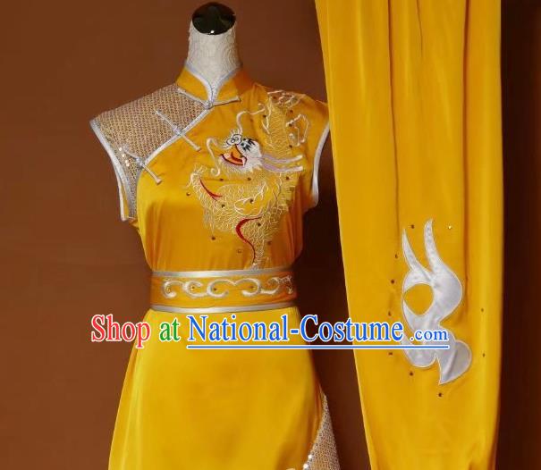 Top Grade Kung Fu Silk Costume Asian Chinese Martial Arts Tai Chi Training Yellow Uniform, China Embroidery Dragon Gongfu Shaolin Wushu Clothing for Men for Women