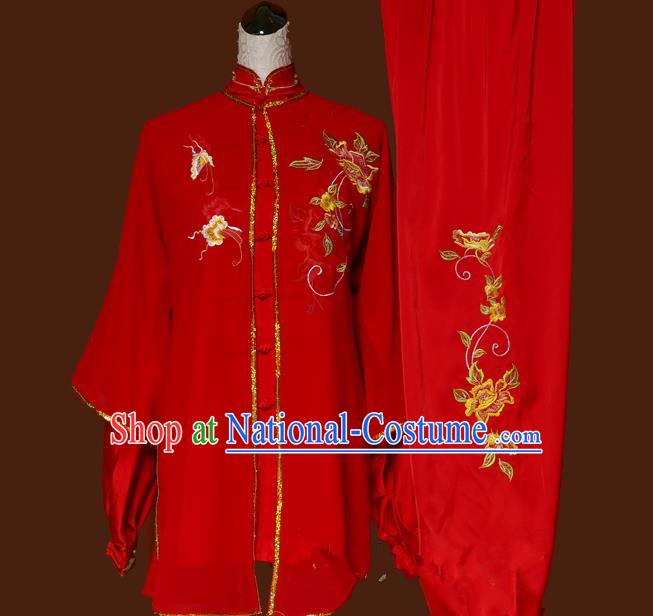 Top Grade Kung Fu Silk Costume Asian Chinese Martial Arts Tai Chi Training Red Uniform, China Embroidery Peony Gongfu Shaolin Wushu Clothing for Women