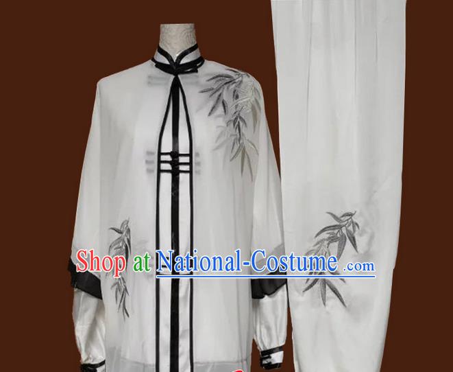 Asian Chinese Top Grade Silk Kung Fu Costume Martial Arts Tai Chi Training White Uniform, China Embroidery Bamboo Gongfu Shaolin Wushu Clothing for Women