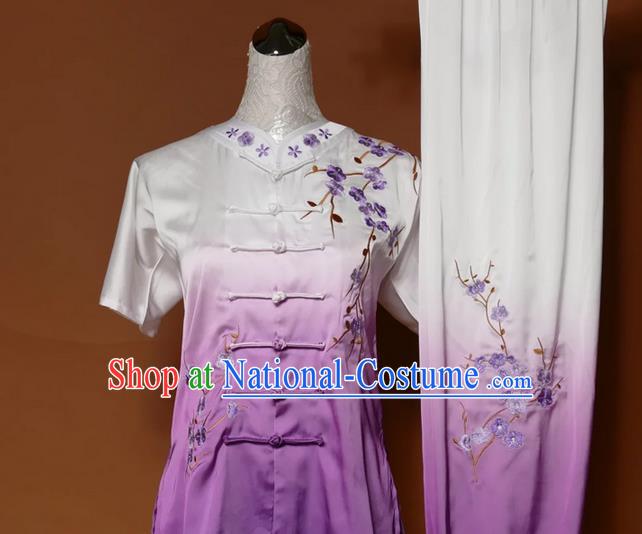 Asian Chinese Top Grade Silk Kung Fu Costume Martial Arts Tai Chi Training Gradient Purple Uniform, China Embroidery Plum Blossom Gongfu Shaolin Wushu Clothing for Women