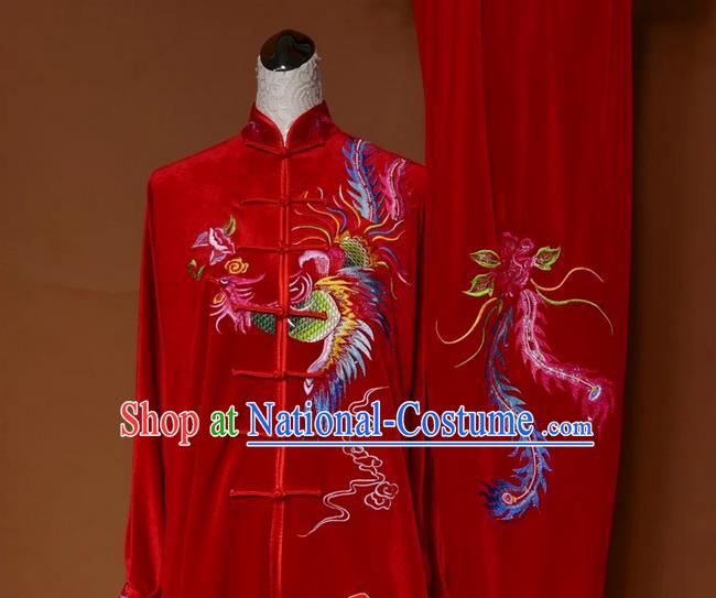 Asian Chinese Top Grade Pleuche Kung Fu Costume Martial Arts Tai Chi Training Red Uniform, China Embroidery Phoenix Gongfu Shaolin Wushu Clothing for Women