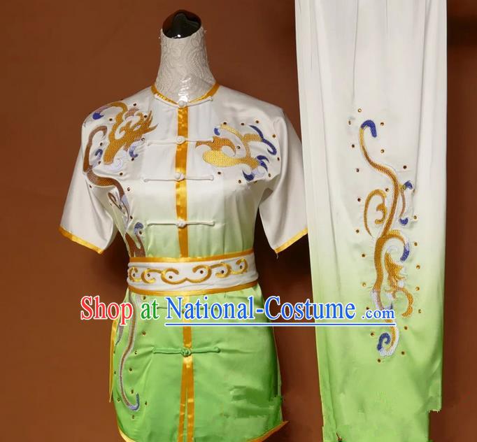 Asian Chinese Top Grade Silk Kung Fu Costume Martial Arts Tai Chi Training Gradient Green Uniform, China Embroidery Gongfu Shaolin Wushu Clothing for Women