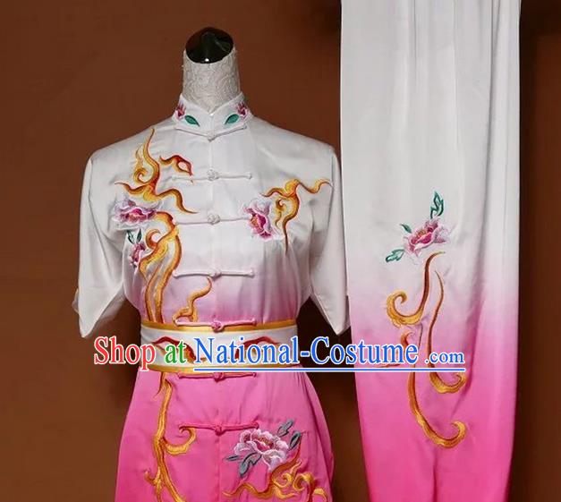 Asian Chinese Top Grade Silk Kung Fu Costume Martial Arts Tai Chi Training Gradient Pink Uniform, China Embroidery Peony Gongfu Shaolin Wushu Clothing for Women