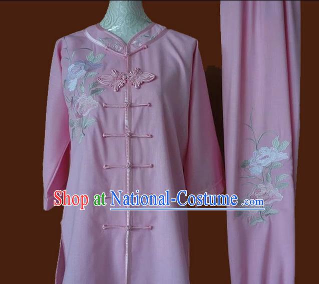 Asian Chinese Top Grade Silk Kung Fu Costume Martial Arts Tai Chi Training Pink Plated Buttons Uniform, China Embroidery Peony Gongfu Shaolin Wushu Clothing for Women