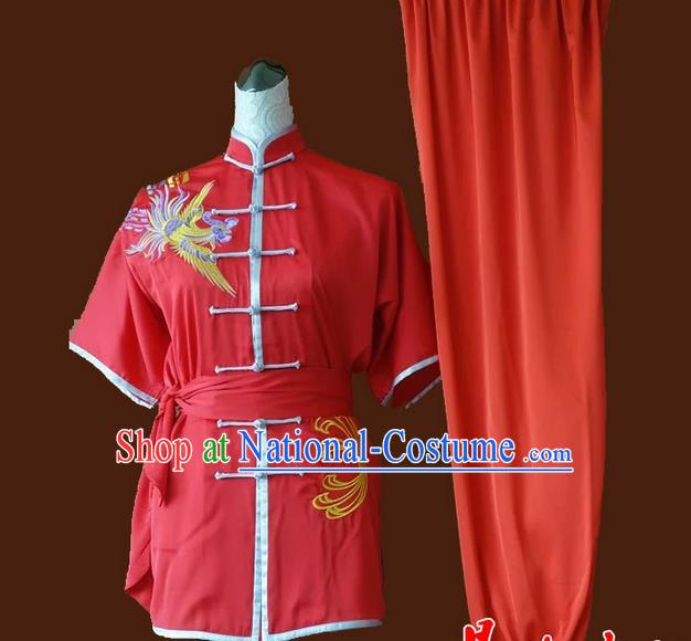 Asian Chinese Top Grade Silk Kung Fu Costume Martial Arts Tai Chi Training Red Suit, China Embroidery Phoenix Gongfu Shaolin Wushu Uniform for Women