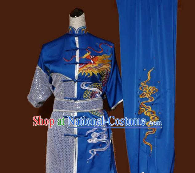 Asian Chinese Top Grade Silk Kung Fu Costume Martial Arts Tai Chi Training Blue Suit, China Embroidery Dragon Gongfu Shaolin Wushu Uniform for Men