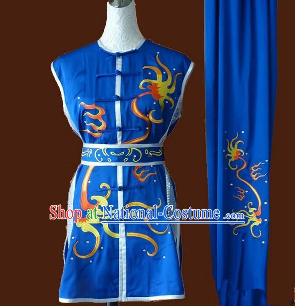 Asian Chinese Top Grade Silk Kung Fu Costume Martial Arts Tai Chi Training Blue Suit, China Embroidery Gongfu Shaolin Wushu Uniform for Men