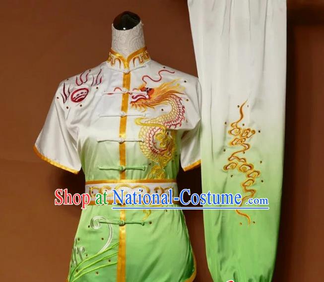 Asian Chinese Top Grade Silk Kung Fu Costume Martial Arts Tai Chi Training Suit, China Gongfu Shaolin Wushu Embroidery Dragon Gradient Green Uniform for Men