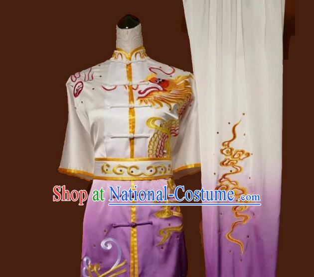 Asian Chinese Top Grade Silk Kung Fu Costume Martial Arts Tai Chi Training Suit, China Gongfu Shaolin Wushu Embroidery Dragon Gradient Purple Uniform for Men