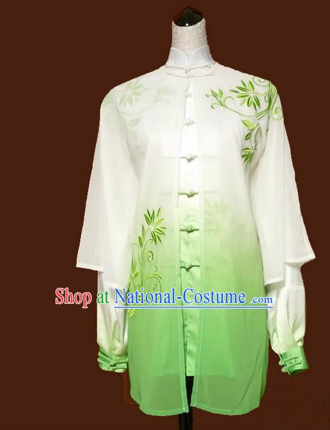 Asian Chinese Top Grade Linen Kung Fu Costume Martial Arts Tai Chi Training Suit, China Gongfu Shaolin Wushu Embroidery Bamboo Leaves Gradient Green Uniform for Women