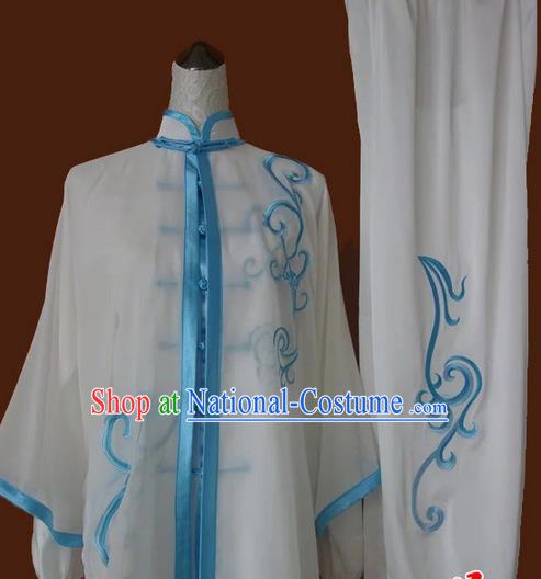 Asian Chinese Top Grade Silk Kung Fu Costume Martial Arts Tai Chi Training Suit, China Gongfu Shaolin Wushu Embroidery Dragon Embroidery Blue Uniform for Men