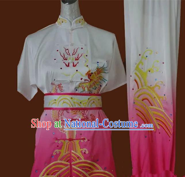 Asian Chinese Top Grade Silk Kung Fu Costume Martial Arts Tai Chi Training Suit, China Gongfu Shaolin Wushu Embroidery Dragon Pink Uniform for Women