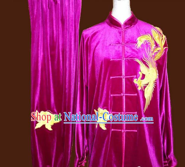 Asian Chinese Top Grade Velvet Kung Fu Costume Martial Arts Tai Chi Training Suit, China Gongfu Shaolin Wushu Embroidery Phoenix Rosy Uniform for Women