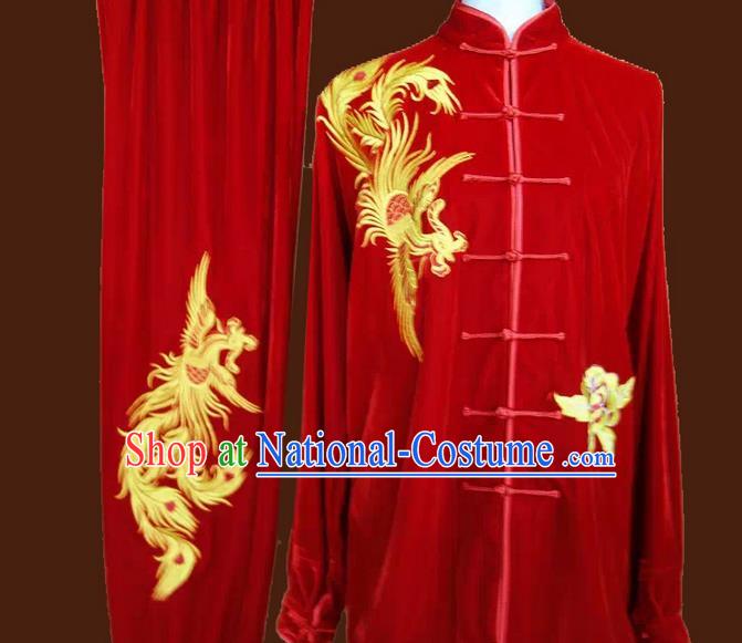 Asian Chinese Top Grade Velvet Kung Fu Costume Martial Arts Tai Chi Training Suit, China Gongfu Shaolin Wushu Embroidery Phoenix Red Uniform for Women