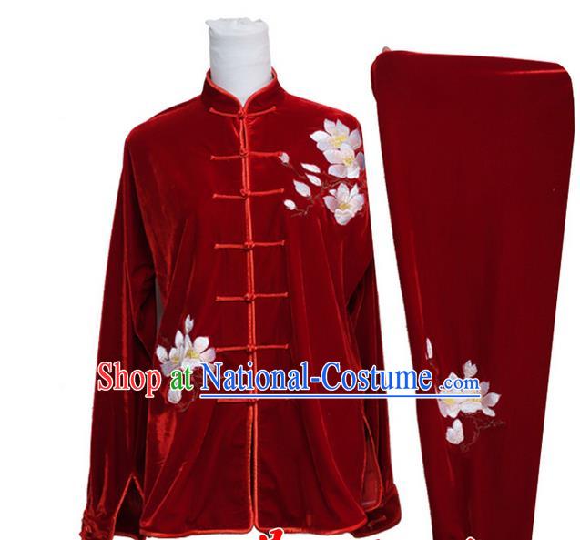 Asian Chinese Top Grade Velvet Kung Fu Costume Martial Arts Tai Chi Training Suit, China Gongfu Shaolin Wushu Embroidery Magnolia Flower Red Uniform for Women