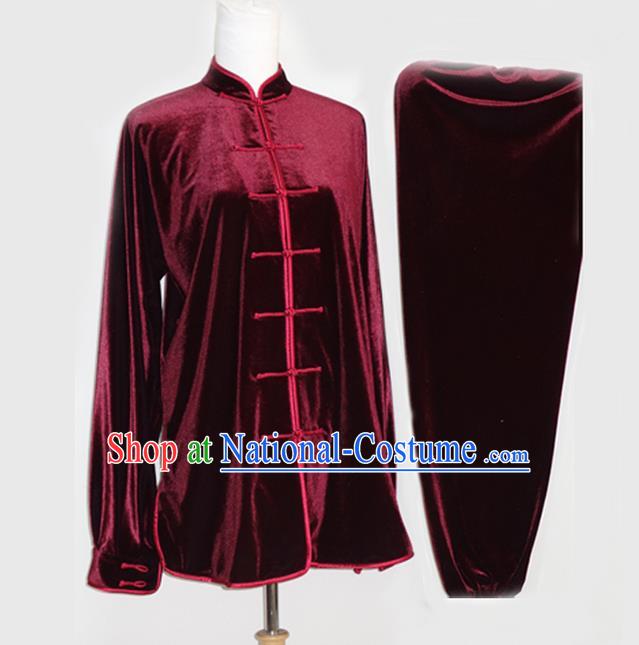 Asian Chinese Top Grade Velvet Kung Fu Costume Martial Arts Tai Chi Training Suit, China Gongfu Shaolin Wushu Wine Red Uniform for Men