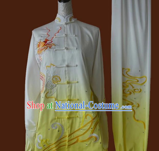 Asian Chinese Top Grade Silk Kung Fu Costume Martial Arts Tai Chi Training Suit, China Gongfu Shaolin Wushu Embroidery Dragon Yellow Uniform for Men