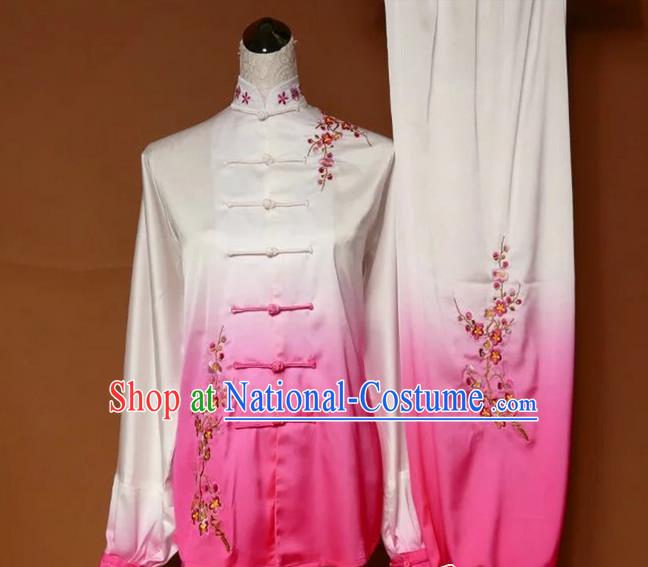 Asian Chinese Top Grade Linen Kung Fu Costume Martial Arts Tai Chi Training Suit, China Gongfu Shaolin Wushu Embroidery Wintersweet Gradient Pink Uniform for Women