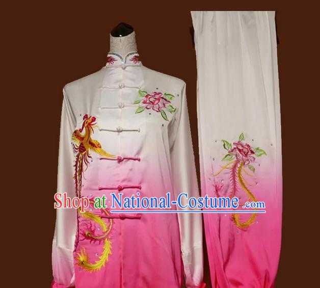 Asian Chinese Top Grade Linen Kung Fu Costume Martial Arts Tai Chi Training Suit, China Gongfu Shaolin Wushu Embroidery Phoenix Peony Gradient Pink Uniform for Women