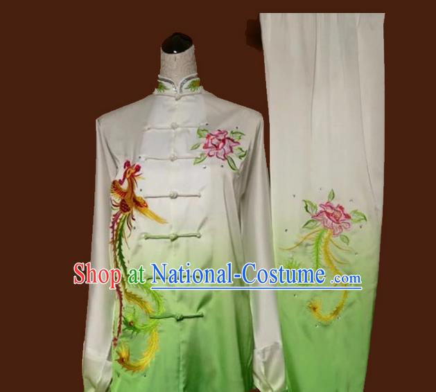 Asian Chinese Top Grade Linen Kung Fu Costume Martial Arts Tai Chi Training Suit, China Gongfu Shaolin Wushu Embroidery Phoenix Peony Gradient Green Uniform for Women