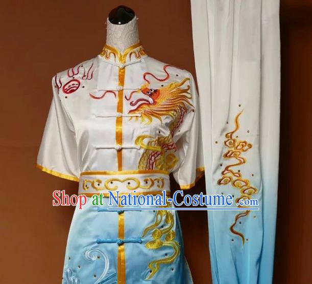 Asian Chinese Top Grade Silk Kung Fu Costume Martial Arts Tai Chi Training Suit, China Gongfu Shaolin Wushu Embroidery Dragon Gradient Blue Uniform for Men