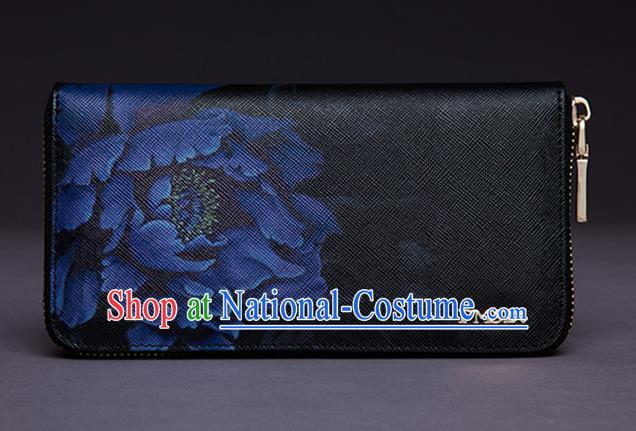 Traditional Handmade Asian Chinese Element Printing Peony Wallet National Handbag Black Purse for Women