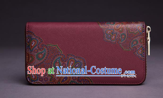 Traditional Handmade Asian Chinese Element Printing Peony Wallet National Handbag Red Purse for Women