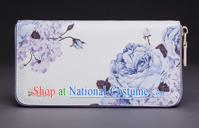 Traditional Handmade Asian Chinese Element Printing Peony Wallet National Handbag White Purse for Women