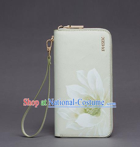 Traditional Handmade Asian Chinese Element Printing Lotus Wallet National Handbag White Purse for Women