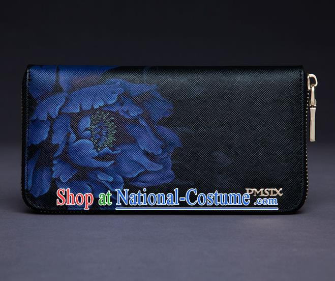 Traditional Handmade Asian Chinese Element Painting Peony Wallet National Handbag Black Purse for Women