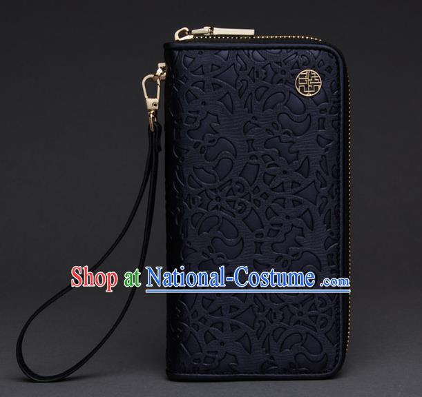 Traditional Handmade Asian Chinese Element Knurling Wallet National Handbag Black Purse for Women