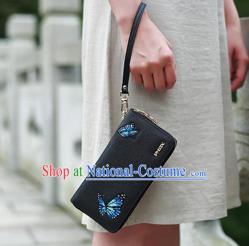 Traditional Handmade Asian Chinese Element Embroidery Butterfly Wallet National Handbag Black Purse for Women