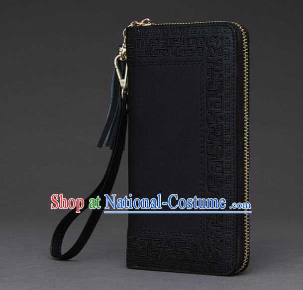 Traditional Handmade Asian Chinese Element Embroidery Wallet National Handbag Black Purse for Women