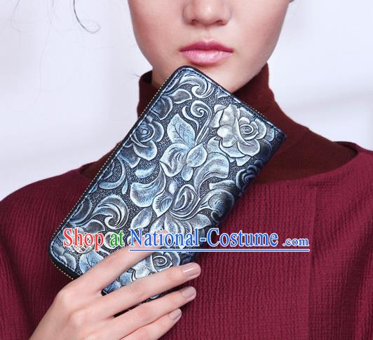 Traditional Handmade Asian Chinese Element Knurling Rose Wallet National Handbag Blue Purse for Women