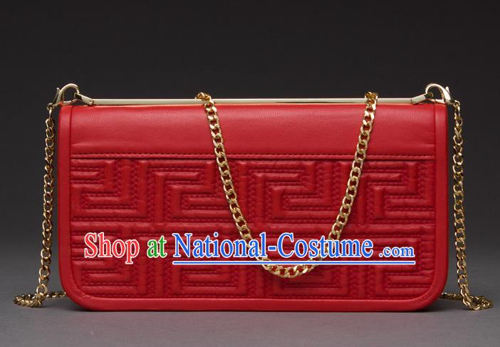 Traditional Handmade Asian Chinese Element Knurling Haversack Wallet National Handbag Red Chain Purse for Women