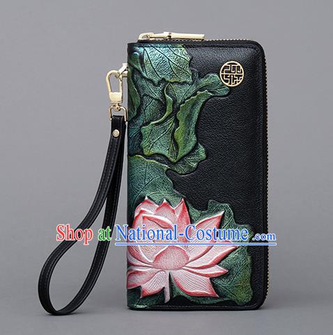 Traditional Handmade Asian Chinese Element Embroidery Lotus Wallet National Handbag Purse for Women