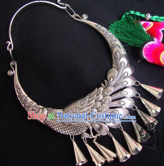 Traditional Handmade Chinese National Miao Nationality Silver Bells Peacock Necklace for Women