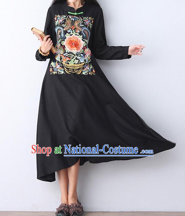 Traditional Chinese National Costume Linen Long Cheongsam Dress, Elegant Hanfu Tang Suit Embroidery Black Dress for Women