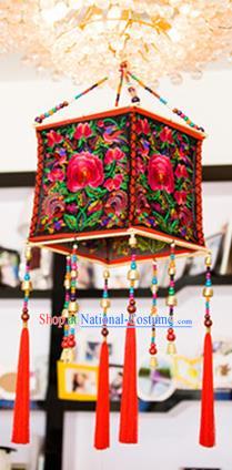 Traditional Handmade Chinese National Lampshade Embroidery Miao Nationality Red Lamp Screen