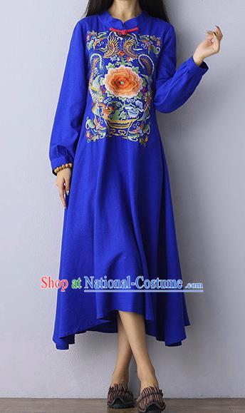 Traditional Chinese National Costume Linen Long Cheongsam Dress, Elegant Hanfu Tang Suit Embroidery Blue Dress for Women