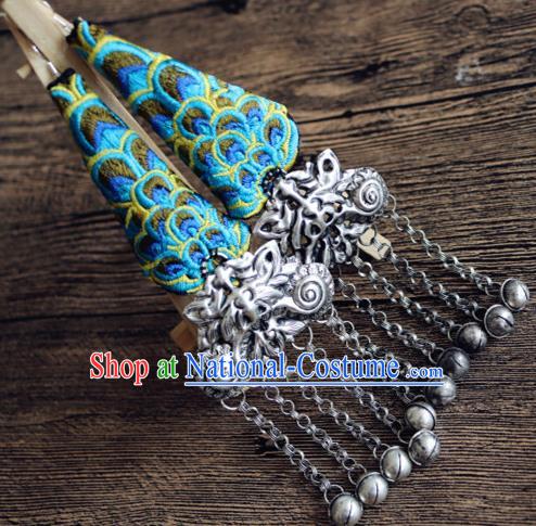 Traditional Handmade Chinese National Miao Nationality Sliver Eardrop Embroidery Peacock Earrings for Women