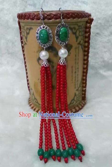 Traditional Handmade Chinese  Mongol Nationality Dance Accessories Red Earrings, China Mongols Mongolian Minority Nationality Princess Long Beads Tassel Eardrop for Women