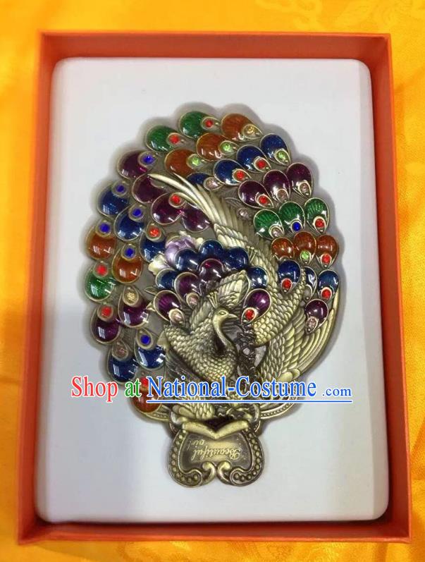 Traditional Handmade Chinese Mongol Nationality Crafts Colorful Peacock Pocket Mirror, China Mongolian Minority Nationality Cloisonne Mirror for Women