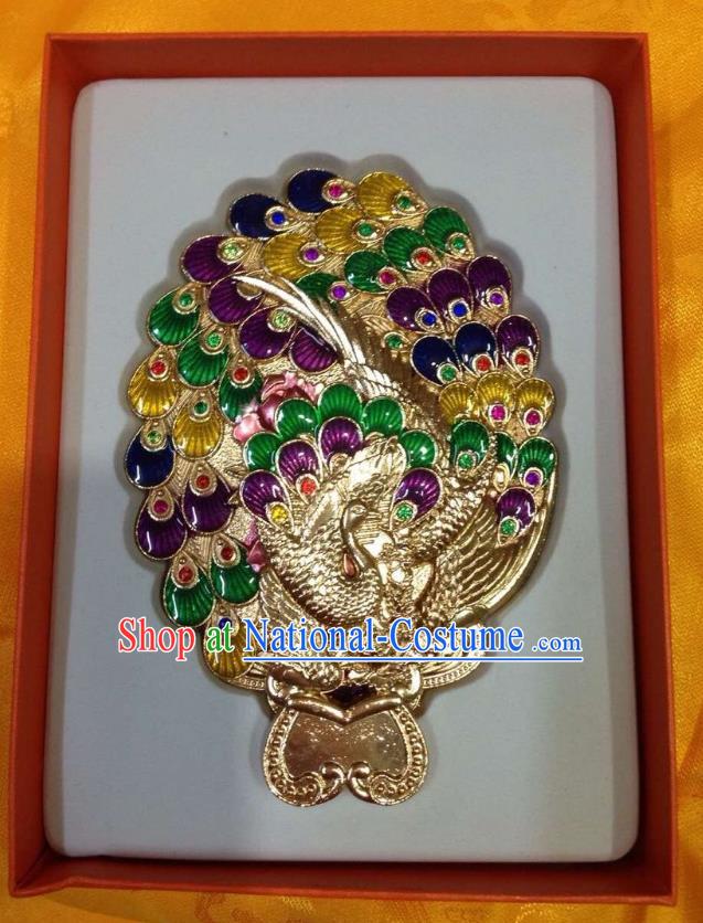 Traditional Handmade Chinese Mongol Nationality Crafts Purple Peacock Pocket Mirror, China Mongolian Minority Nationality Cloisonne Mirror for Women